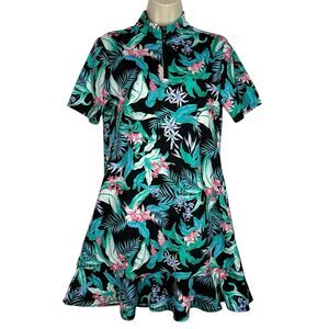 Tommy Bahama Golf Dress Womens Medium Tropical Floral 1/4 zip Black Green Pink